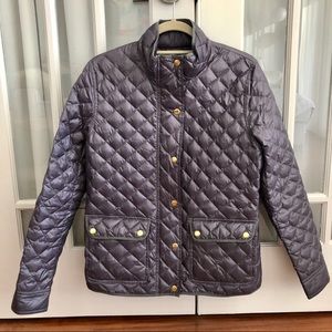 JCrew grey quilted jacket with gold accents